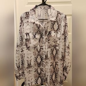 stylish Women Button Down Snake Print 3/4 Tab Sleeve Tunic Blouse